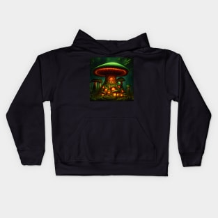 Magical Big Cottage Mushroom House with Lights in Forest with High Trees, Mushroom Aesthetic Kids Hoodie